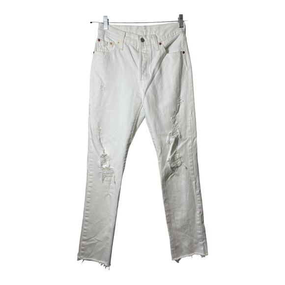 Levi's 501 Womens White Jeans Distressed Size 25 Button Fly Ripped Knee Fray Hem - Picture 1 of 6